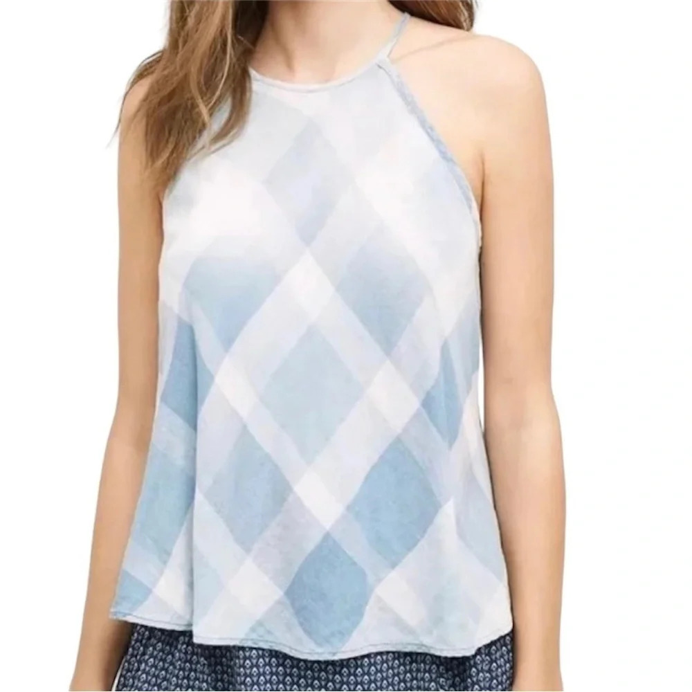 Anthropologie Cloth & Stone Halter Tank Top Plaid Checkered Gauze Blue XS Boho